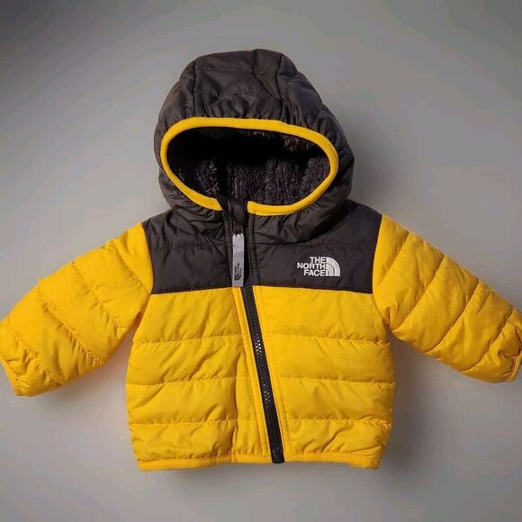 NORTH FACE‎ REVERSIBLE HOODED SHERPA PUFFER JACKET UNISEX YELLOWBLACK 0-3months - Picture 1 of 4
